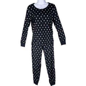 Kate Spade Womens S Navy Blue Owl Henley Jogger PJ Set Long Sleeves Button Front